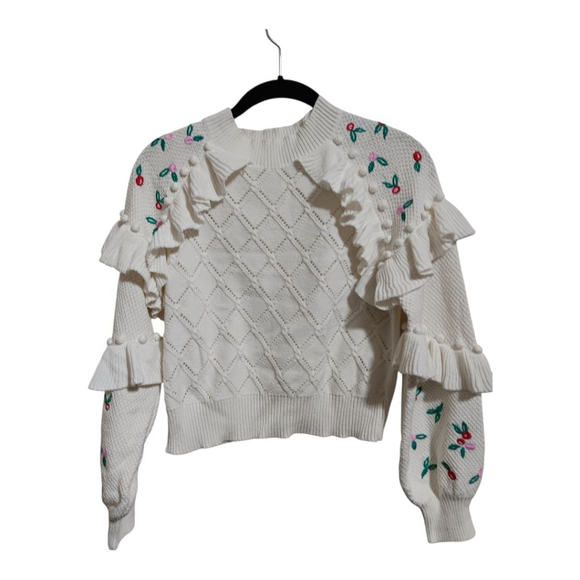 Glamorous Coquette Pointelle Knit Sweater with Embrodierd Flowers and Pom Poms - Picture 2 of 16